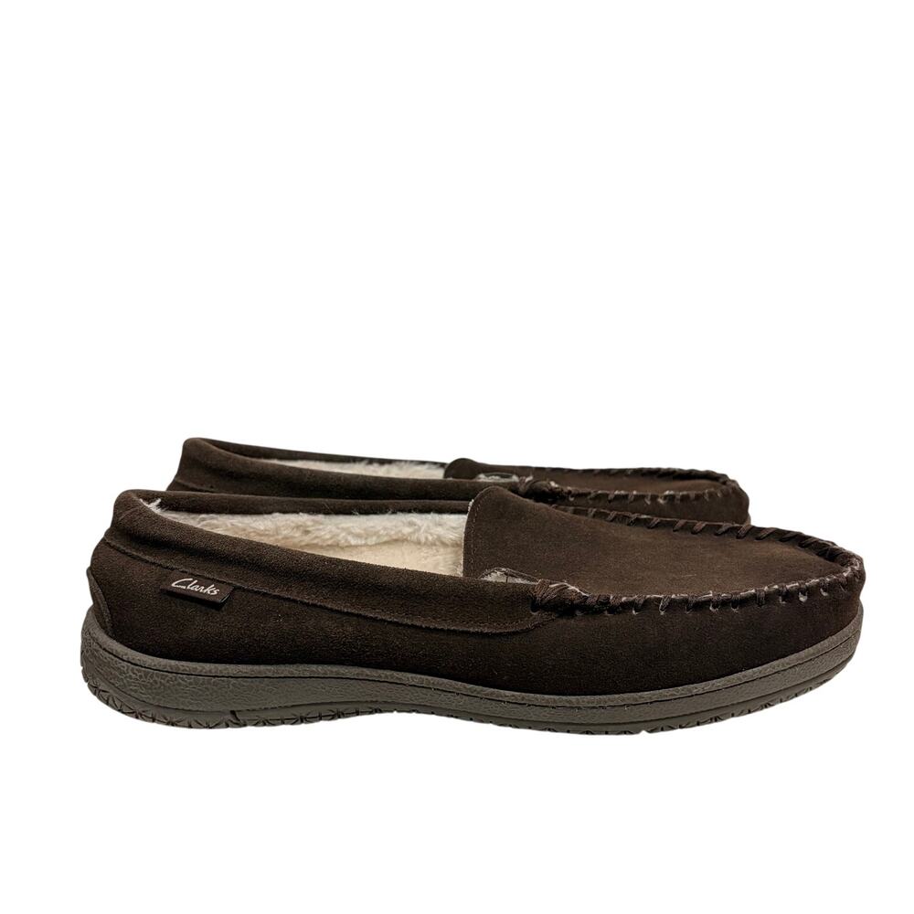 Clarks Mens Dark Brown Suede Moccasin Slippers Faux Fur Lined Size 10 M